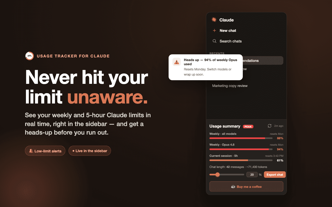 Real-time weekly and 5-hour Claude usage limits in the sidebar