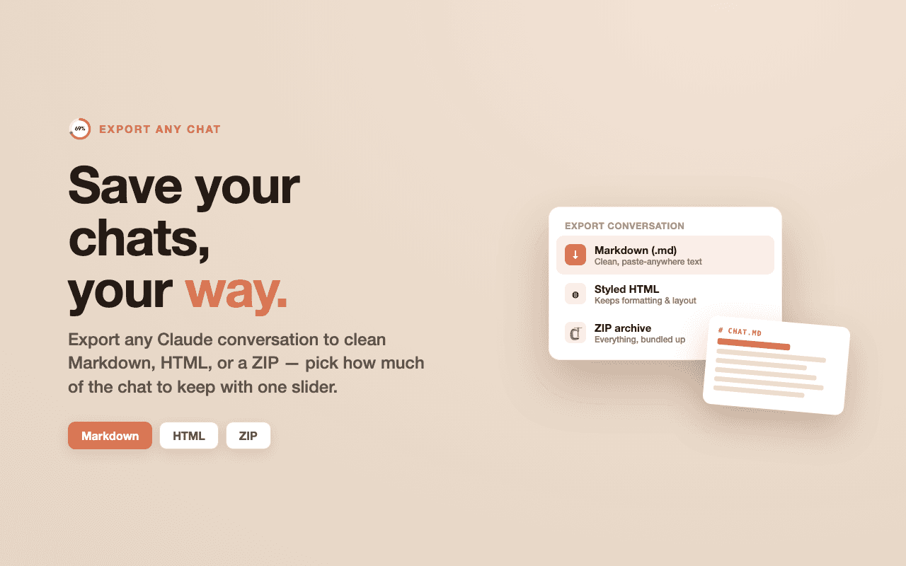 Exporting a Claude conversation to Markdown, HTML, or plain text